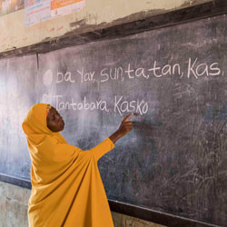 Female teacher in front of the blackboard.